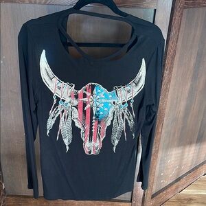 Black Long Sleeve Top with Bull Skull Design